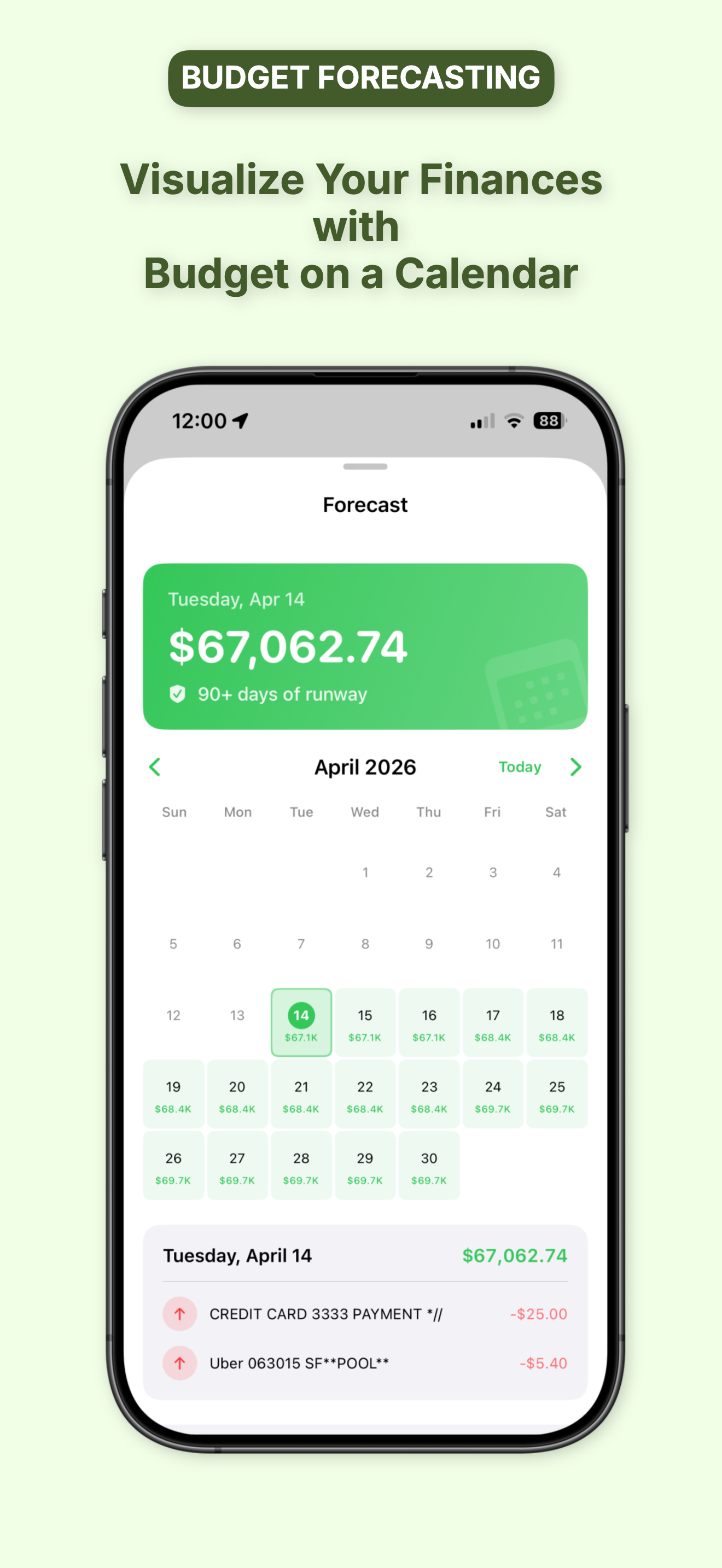 Budget calendar showing daily balances for the month