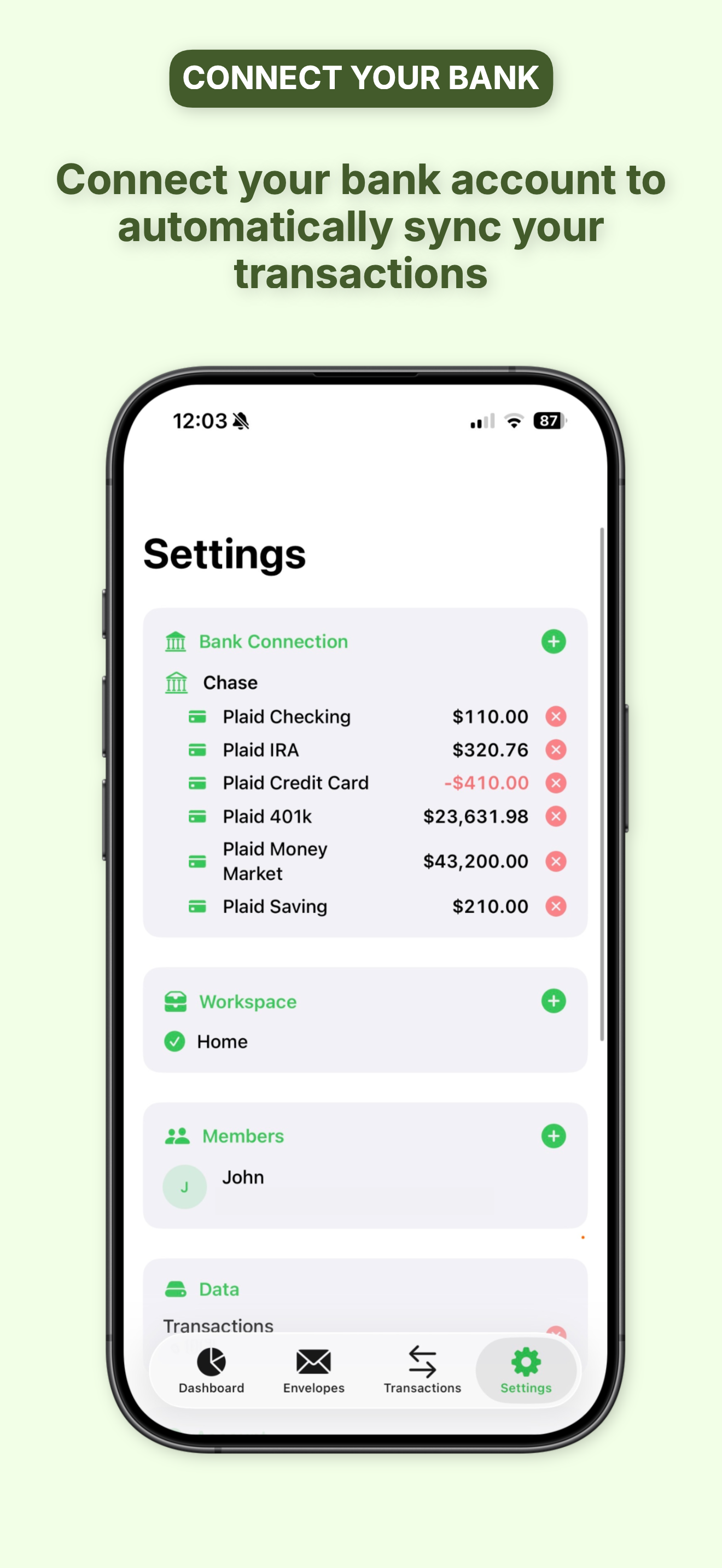 Settings showing shared Workspace 'Home' and Members with John