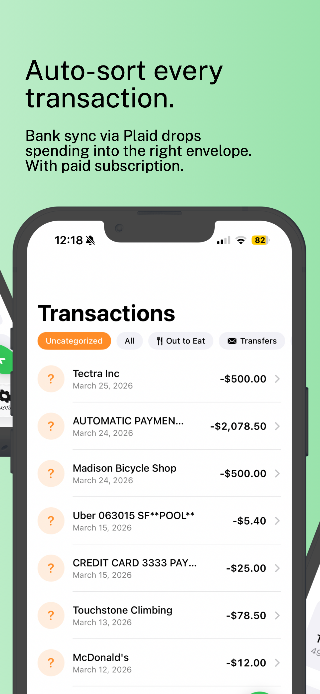 Transactions screenshot showing bank sync via Plaid and auto-sorting into envelopes